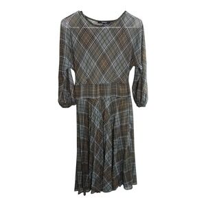 HERRY Plaid Pleated Midi Dress Long Sleeve Belted Waist Sheer Women's Size 8